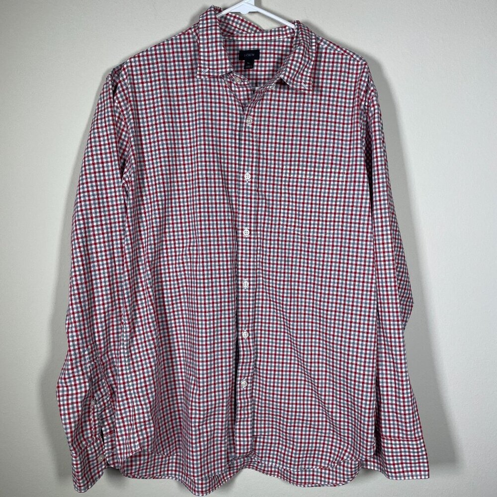 J Crew Men's LS Red Gray Plaid Button-Up Shirt XL 100% Cotton!